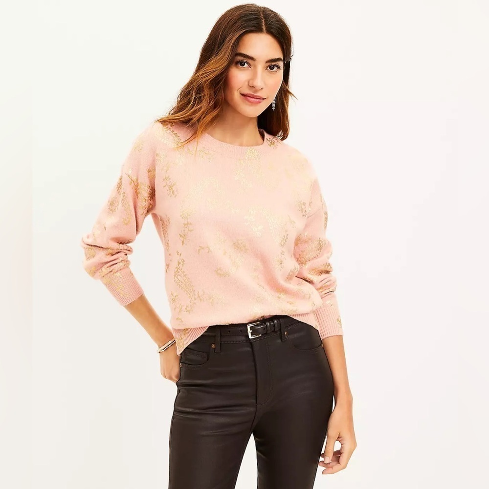 LOFT Pink Shimmering Gold Paisley Sweater size Medium